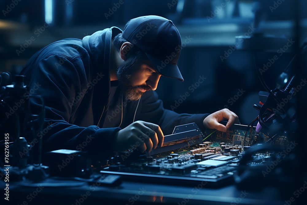 Technician repairing a computer at night. Repair and maintenance concept. Technician repairing a computer at night. Repair and maintenance concept.