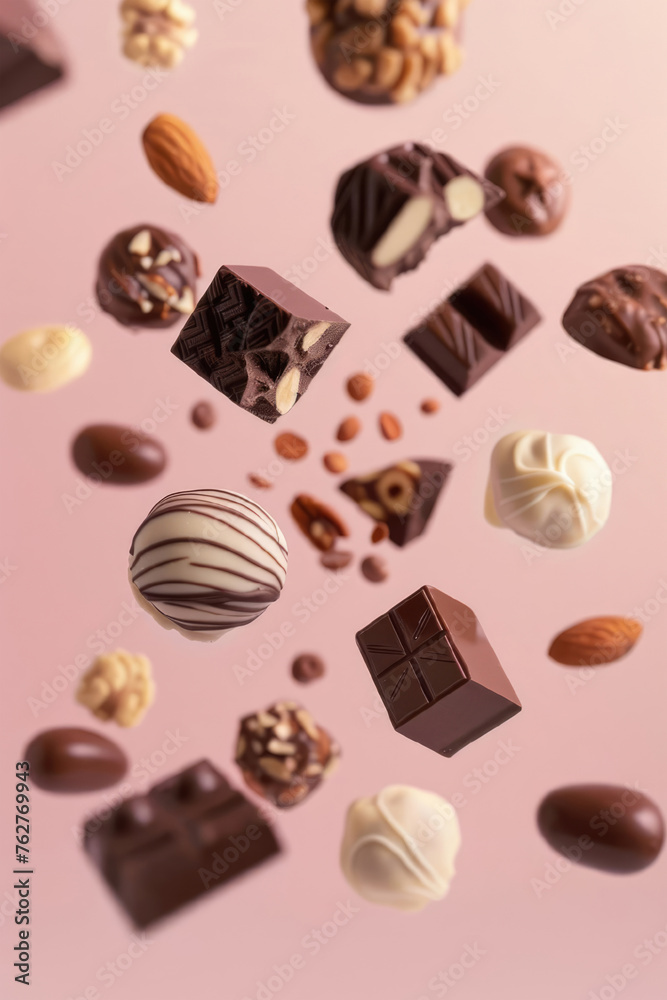 Fototapeta premium Pieces of chocolate and nuts flying in the air on pink background