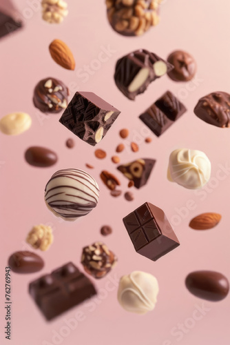 Pieces of chocolate and nuts flying in the air on pink background