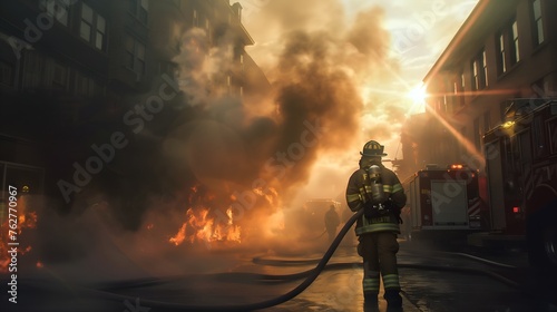 A firefighter directs a water stream at a blazing apartment building at night, with other firefighters and fire trucks visible amidst smoke and emergency lights. photo