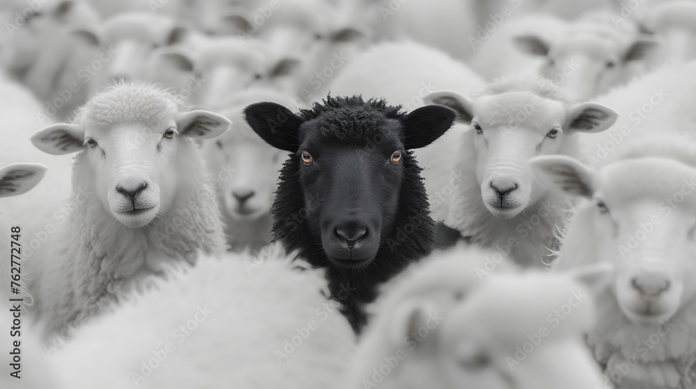 Schwarzes Schaf zwischen vielen weißen Schafen, Konzept Außenseiter, Sündenbock - obrazy, fototapety, plakaty 