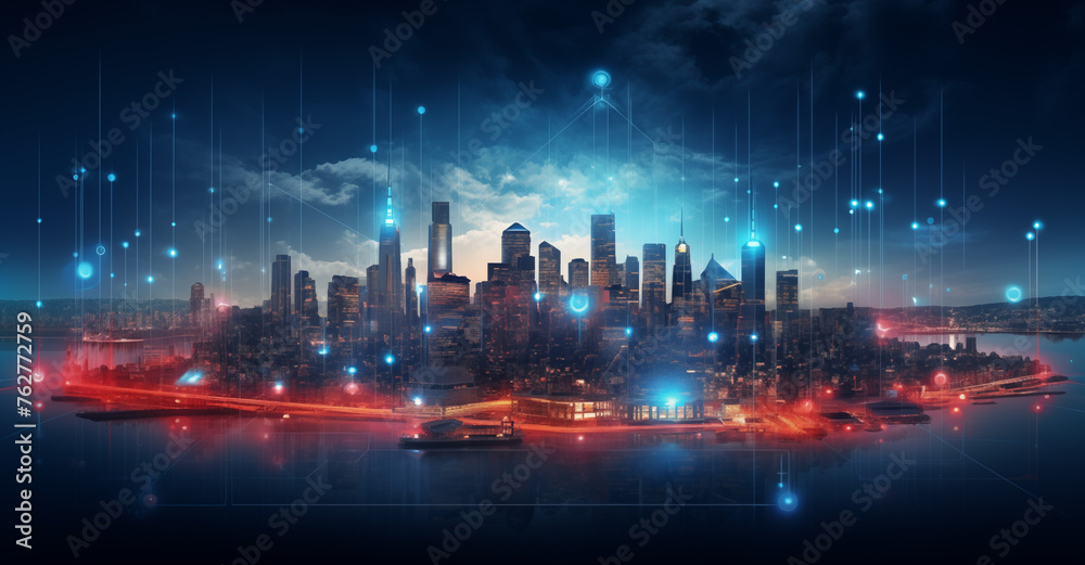 Spiegelnde digitalisierte Welt, Smarte Stadt, Konzept Digitalisierung und Vernetzung durch Glasfaser