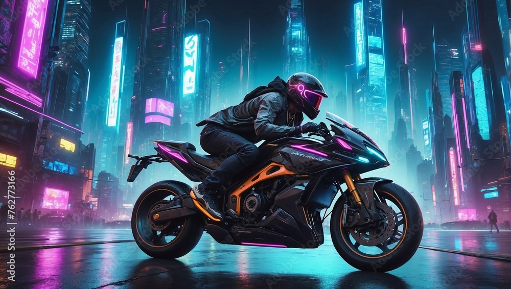 Futuristic Motorcycle Rider: Thrilling Adventures in a Neon Cityscape