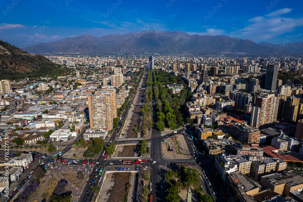 Obraz premium Beautiful aerial footage of the Plaza de Armas, Metropolitan Cathedral of Santiago de Chile, National History Museum of Chile, Central Market and the city of Santiago de Chile