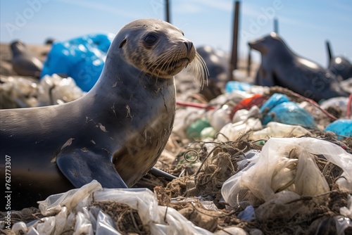 Seal on piles of plastic garbage photo