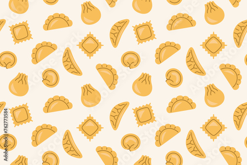 seamless pattern with various types of dumplings (pierogi, khinkali, ravioli, gyoza, pelmeni); international cuisine concept- vector illustration