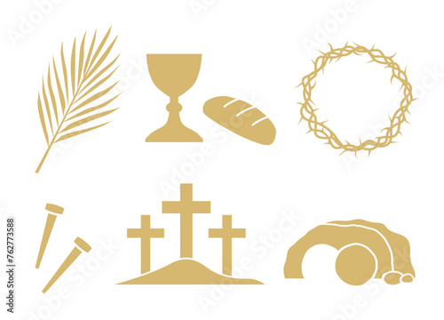 golden set of Easter and Holy Week related icons: palm leaf, holy communion chalice,  crown of thorns, nails, mount Calvary, Jesus tomb - vector illustration