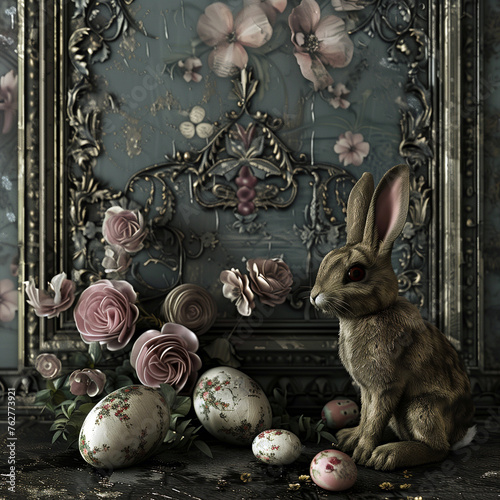 gothic easter card with bunny and Easter eggs