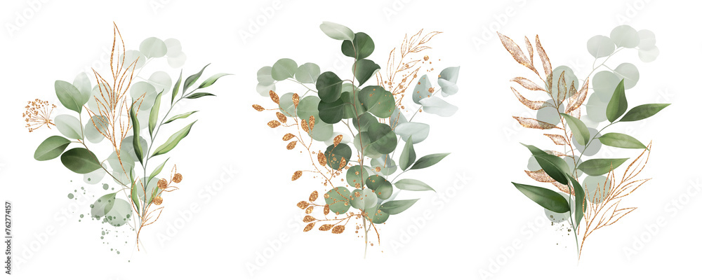 Watercolor bouquet of leaves and eucalyptus branch with gold. Botanical herbal illustration for wedding or greeting card. Hand painted spring composition isolated on white background. - obrazy, fototapety, plakaty 