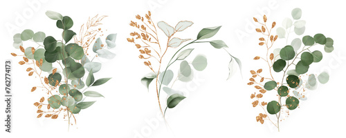 Watercolor bouquet of leaves and eucalyptus branch with gold. Botanical herbal illustration for wedding or greeting card. Hand painted spring composition isolated on white background. photo