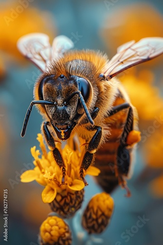 A bumblebee or bee pollinates a flower in spring or summer © CaptainMCity