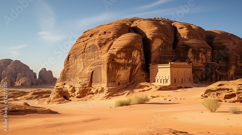 Al Ula, Saudi Arabia, Saudi tourist tour. Hegra Nabataean necropolis in rocks in antique city Madain Saleh, on the old incense route. like Jordans Petra. United Nation Heritage site.


