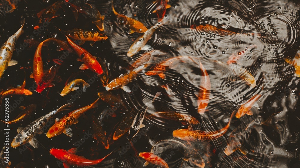 a group of orange and white koi fish swimming in a pond with ripples on it's surface.