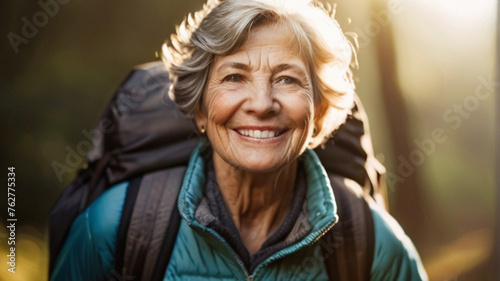 Happy senior woman hiking, spending time outdoors to improve cardiovascular health, boost mood, and reduce stress levels.