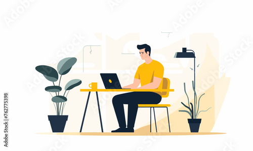Man freelancer sitting on a chair behind a desk and working on a laptop in the office, vector illustration in yellow colors on white background