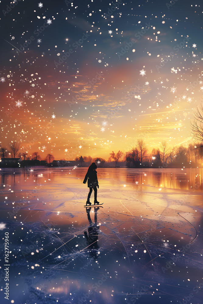 Glorious Dawn Ice Skating: A Graceful Silhouette Against a Wintry Dreamscape