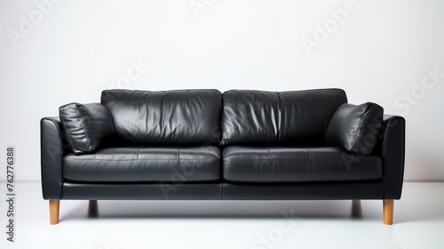 broken black leather sofa with wood leg on white background, broke and fix concept.