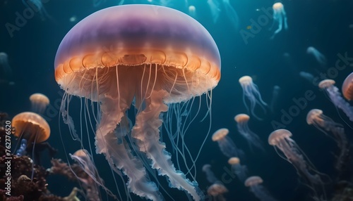 A Jellyfish In A Sea Of Glowing Underwater Creatur Upscaled 2 2 © Alishba