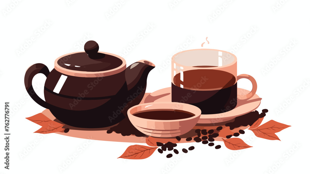 Cup and pot with black tea. Illustration of traditi
