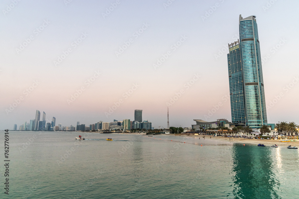 Evening view of Abu Dhabi skyline, United Arab Emirates.