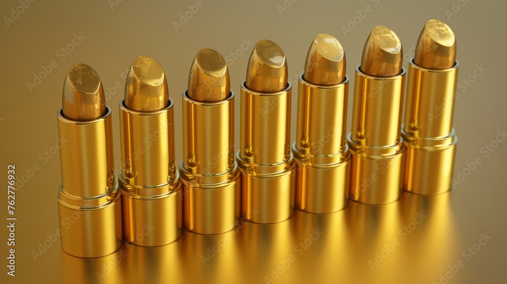 a row of gold lipsticks sitting on top of a gold counter top next to each other on a gold surface. a row of gold lipsticks sitting on top of a gold counter top next to each other on a gold surface.