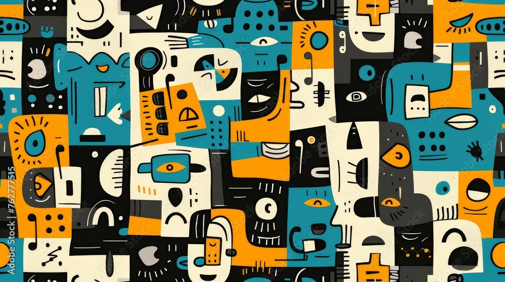 a multicolored pattern of cats and dogs on a blue, yellow, orange, black, and white background. a multicolored pattern of cats and dogs on a blue, yellow, orange, black, and white background.