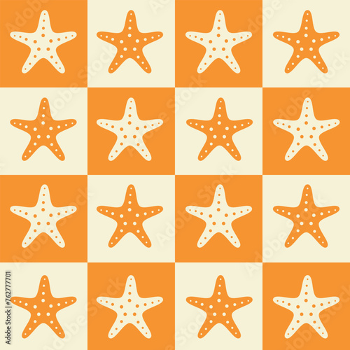 Checkered orange and white starfish seamless pattern. For summer print, wrapping paper, fabric and textile