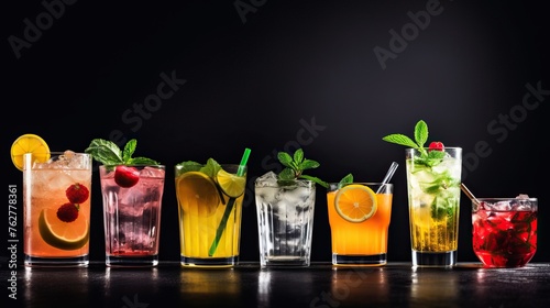 Cocktails assortment served on dark background. Classic drink menu concept. Copy space, panorama.