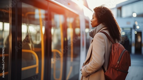 Cropped shot of an african american woman entering the bus while standing at the station.Black unrecognized female get in the public transportation while going to work or school. Copy space.


 photo