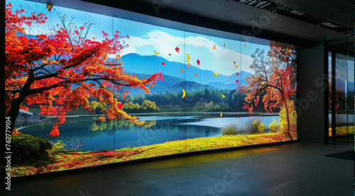 event closed room, all the wall covered by led screen, beautiful landscape on led screen 