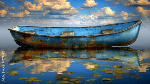 a blue boat floating on top of a lake filled with water lillies under a cloudy blue sky with clouds.