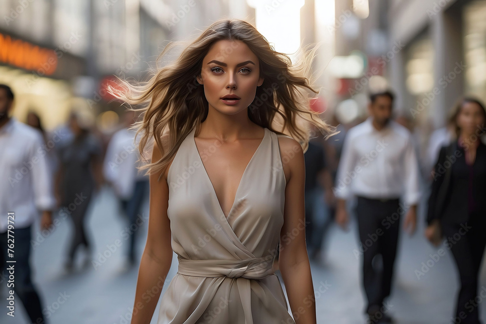 Fototapeta premium Confident young woman dressed in a beige dress suit walking proudly down the street. She exuded self-confidence as she moved through the busy city streets with people out of focus