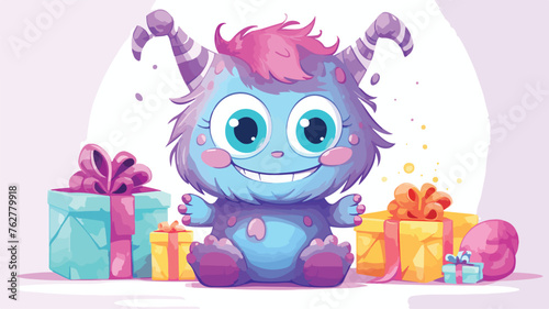 Cute Monster with a gift. Vector Illustration. Isol