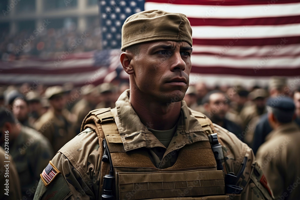 Portrait of a male soldier in uniform against a background of an American flag and a company of soldiers. Memorial Day. Independence Day in America. July 4. Portrait of a male soldier in uniform against a background of an American flag and a company of soldiers. Memorial Day. Independence Day in America. July 4.