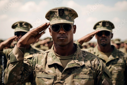 A squad of uniformed American soldiers salute against a clear blue sky. Memorial Day. Independence Day in America. July 4