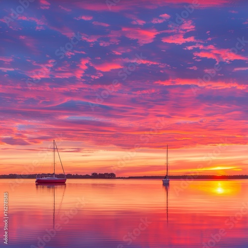 a couple of boats floating on top of a body of water under a purple and red sky with a sun setting in the distance.