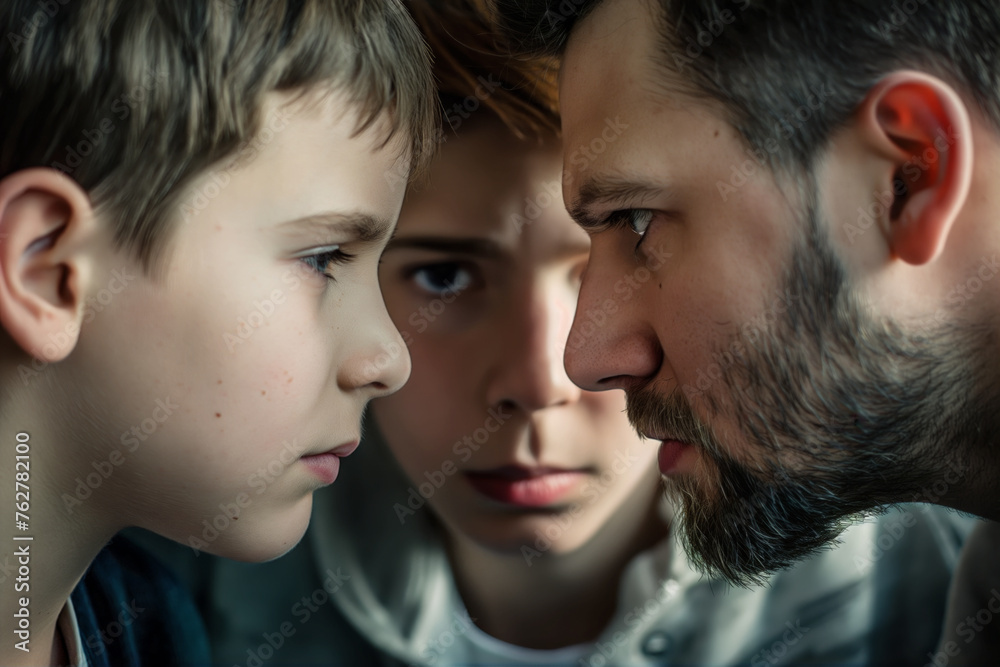 A man closely faces two children, showing a serious and focused expression, suggesting a moment of teaching or discipline. A man closely faces two children, showing a serious and focused expression, suggesting a moment of teaching or discipline.