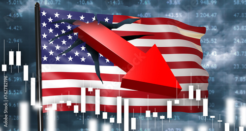 Crisis in USA. American flag with downward arrow. Falling charts American stock exchange. Economic crisis in USA. Recession in United States. Stock market crisis in USA. Flag near sky. 3d image