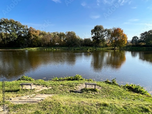 benches on the bank of a small pond photo