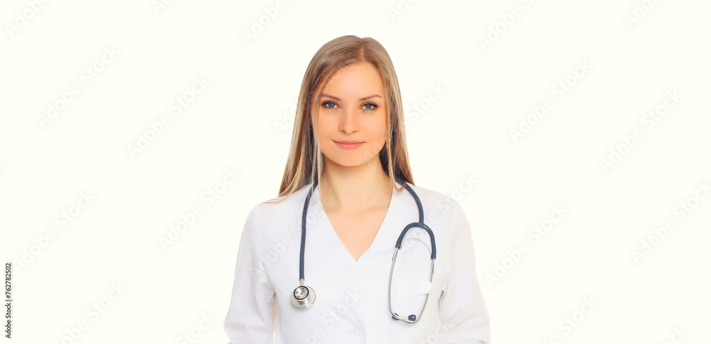 Portrait of happy smiling young woman doctor with stethoscope posing on white studio background Portrait of happy smiling young woman doctor with stethoscope posing on white studio background