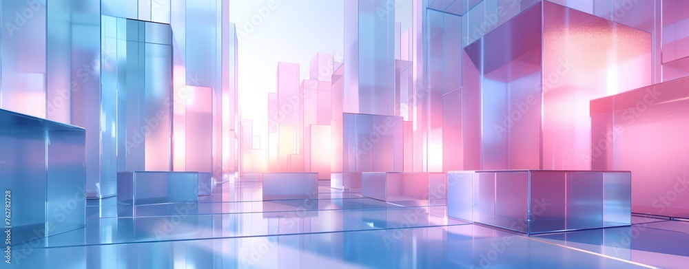 Soft Pastel Geometric Horizon at Dawn with Reflective Cubes