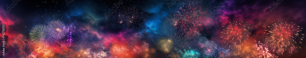 Vibrant Skyburst: A Panorama of Fireworks - obrazy, fototapety, plakaty 