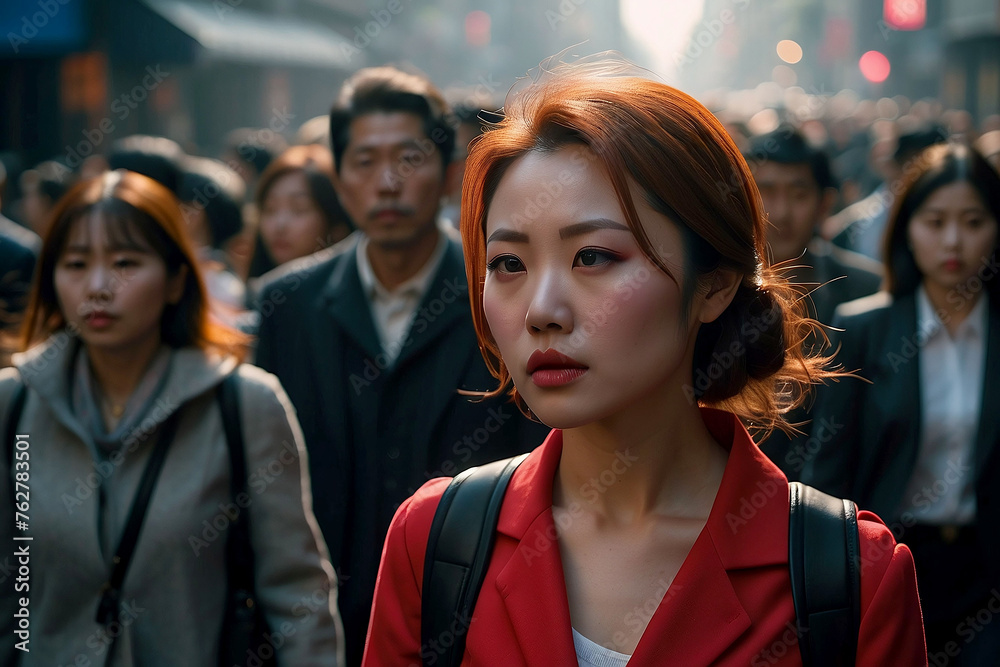 Woman of Asian appearance in a red coat on the street poses for the camera against a group of people in the city at sunset. Business woman in a crowd of strangers in street traffic Woman of Asian appearance in a red coat on the street poses for the camera against a group of people in the city at sunset. Business woman in a crowd of strangers in street traffic