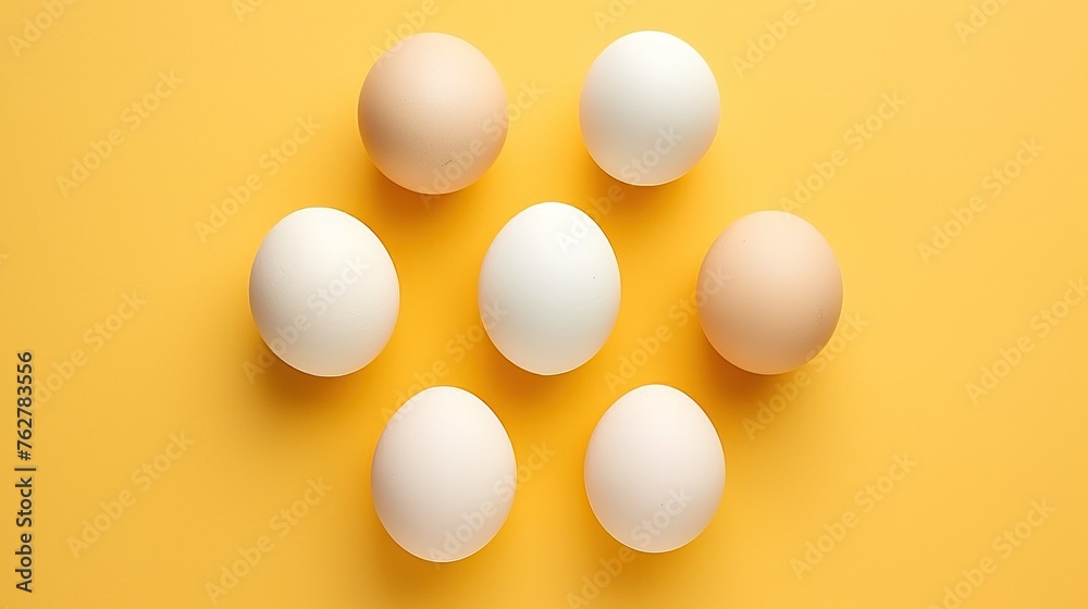 Poultry products. Pattern of white chicken eggs on a yellow background with a bright shadow. One egg is broken.
Poultry products. Pattern of white chicken eggs on a yellow background with a bright shadow. One egg is broken.