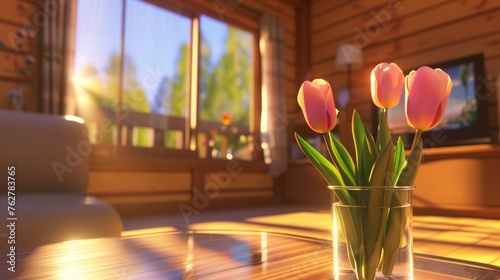 a vase filled with pink tulips sitting on top of a wooden table next to a glass vase filled with water. #762783765