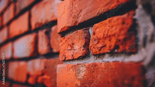 a close up of a brick wall made of red bricks  with a blurry image of the wall in the background.