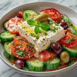 A refreshing and colorful traditional Greek salad, featuring ripe tomatoes, crisp cucumbers, tangy feta cheese, and Kalamata olives, beautifully arranged in a rustic ceramic bowl