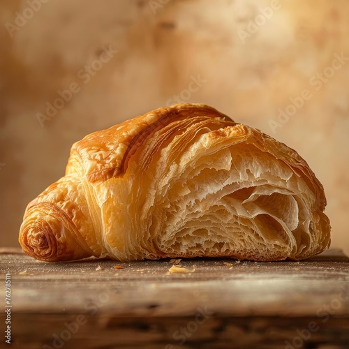 A close-up image capturing the golden layers of a freshly baked croissant on a rustic wooden table, highlighting the pastry's flaky texture and buttery shine.