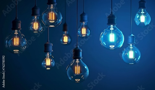 A creative display of hanging light bulbs with contrasting blue and orange filaments, symbolizing innovation and inspiration in a dark setting. © Riz