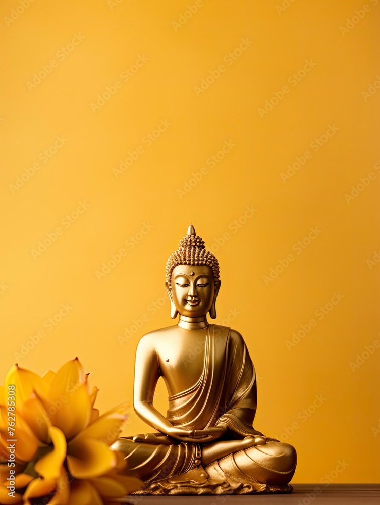 Buddha statue on golden background and copy space - generative ai Buddha statue on golden background and copy space - generative ai